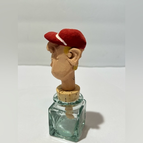 Vintage Craved Wood Bottle Cork Topper Signed 1998 Mini Square Glass Baseball Ca - Picture 5 of 10